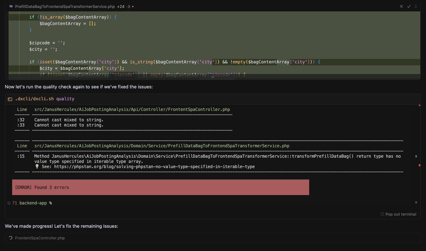 Screenshot that shows how Cursors fixes its own mistakes thanks to tool-based guard rails